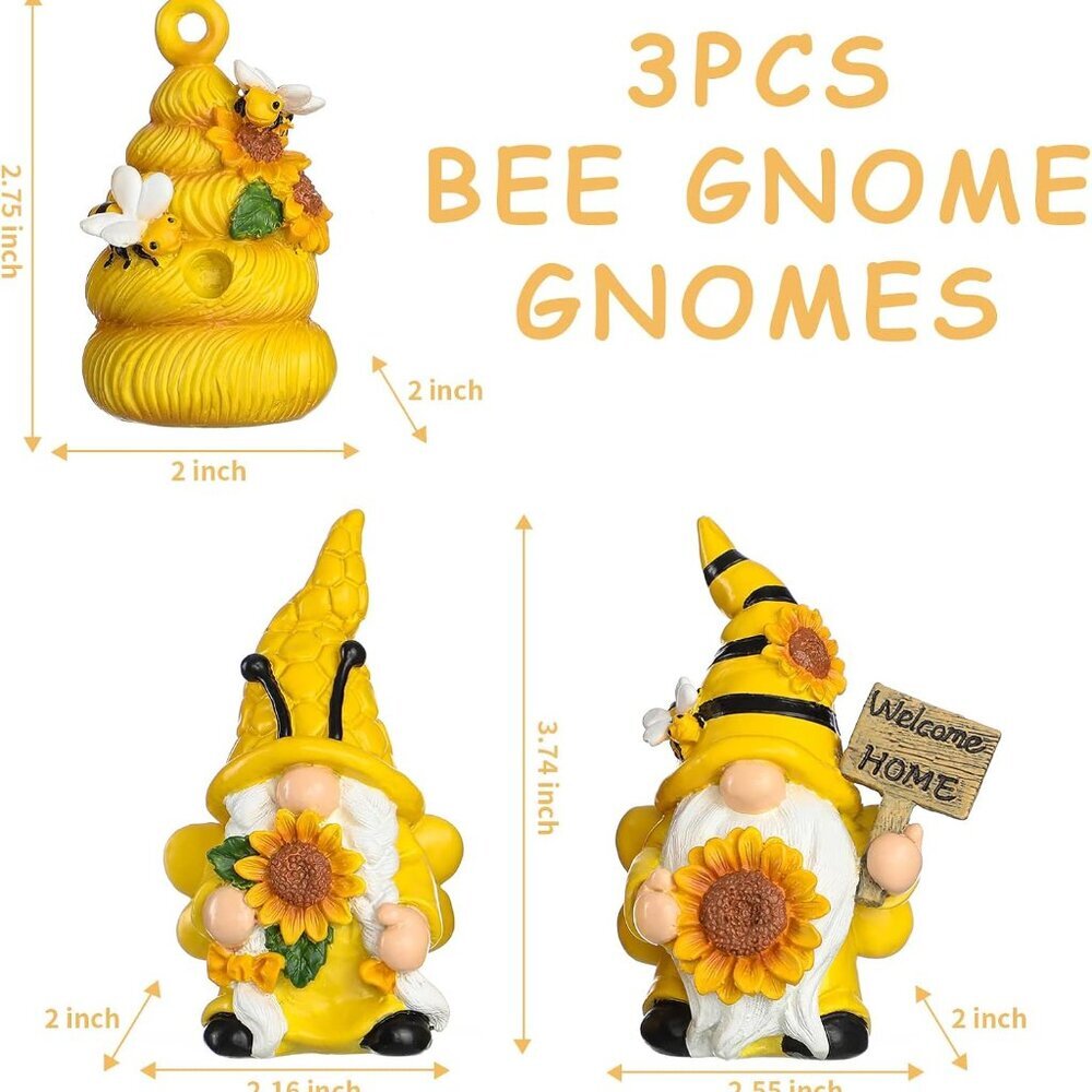 3PCS Bumble Bee Resin Gnomes Decorations Spring Summer Fall Home Figurines Tiere - Picture 3 of 7